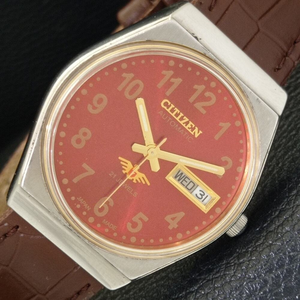 Vintage 1979 Citizen Automatic Mens Silver Watch W/daydate & Red accents